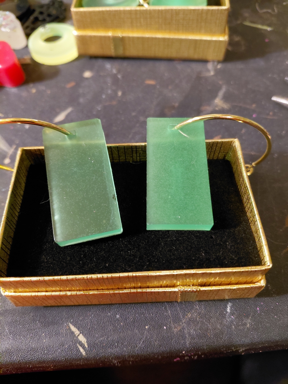 Green Rectangular Glass Drop Earrings - Gold Hoops